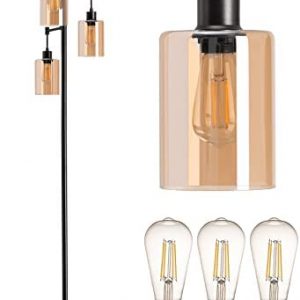 addlon Industrial Floor Lamp, Hanging Amber Glass Shade, 3-Head Vintage Rustic Tree Standing Lamp Black Pole Tall Light with Three LED Bulbs for Living Room, Office, Bedroom