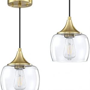 Doraimi Lighting 2-Pack 1 Light Gold Industrial Kitchen Island Pendant Ceiling Light 7.3″ Clear Glass with Brushed Bronze Finish, Adjustable Cord Farmhouse for Restaurant Kitchen Island