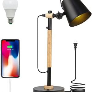 Wooden Table Lamp with USB Charging Port, Bodkar Desk Light Handmade Bedside Lamp for Bedroom, Dorm, Office