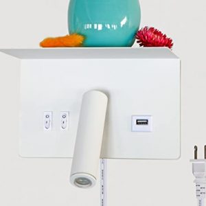 Wall Mounted Reading Light with Shelf and USB Charging Port, Plug in Wall Sconce with Switch, Bedside LED Wall Lamp for Bedroom, White(5205A1)