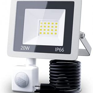 MIWAT 20W Plug in LED Motion Sensor Flood Light, PIR Induction Lamp, Dusk to Dawn Outdoor Auto ON/Off, 6500K Security Spot Daylight, IP66 Rainproof Work Light for Garage Yard Patio Porch Doorway Wall