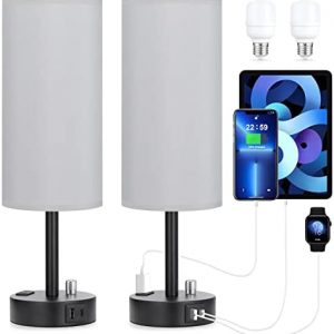 Grey Nightstand Lamps for Bedroom Set of 2 – Fully Dimming Table Lamps with USB C Charging Port, Bedside Lamps with USB Ports and Outlets, Bright Lamps for Living Room, Office and Dorm with Black Base