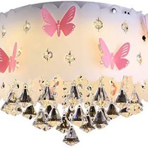 LAKIQ Modern Girl’s Bedroom Flush Mount Ceiling Lighting Fixture Lovely Pink Butterfly LED Crystal Chandelier Drum Shade Close to Ceiling Light for Girls Kids Room Foyer Living Room