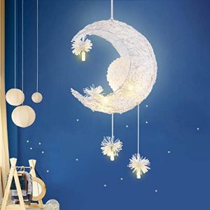 Modern Creative Hanging Light Fixture, Elegant LED Moon Star Ceiling Pendant Lighting for Kids Children Bedroom, Crescent Moon Lamp Flush Mount Ceiling Light for Dining Room Girls Bedroom Decoration