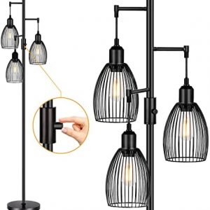 Dimmable Floor Lamp, 3 x 800LM LED Edison Bulbs Included, Farmhouse Industrial Floor Lamp Standing Tree Lamp with Elegant Teardrop Cage Heads Tall Lamps for Living Room Bedroom