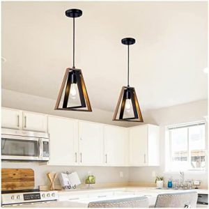 Farmhouse Pendant Light Set of 2, Adjustable Pendant Lighting for Kitchen Island, Black and Wood Painted Rustic Hanging Light Fixture for Dining Room, Hallway, Bar, Porch, Cafe
