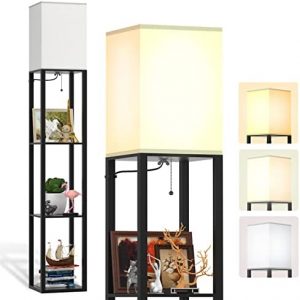 PESRAE Floor Lamp with Shelves by Solid Wood, Modern Shelf Floor Lamp with 3 Color Temperature, Linen Lampshade and Storage Shelves for Living Room, Bedroom, Bulb Included, Matte Black