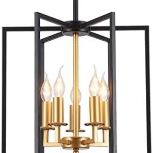 Pendant Light Fixture 5 Lights Candle Industrial Chandelier Modern Ceiling Light with E12 Base,Farmhouse Hanging Light for Dining Room,Kitchen Island,Hallway,Bedroom and Living Room(Black+Golden)