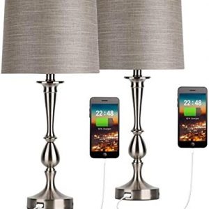 Oneach USB Table Lamp Set of 2 Modern Bedside Silver Desk Lamp with Charging Port for Living Room Bedroom Nightstand Coffee Table 25″ Nickle Finish