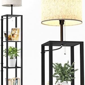 Luckystyle Led Floor Lamp with Shelves,3-Tier Shelf Floor Lamp with 9W Led Bulb,Storage Wood Texture Standing Lamp with White Linen Shade Modern Floor Lamps for Living Room Bedroom Office-Black