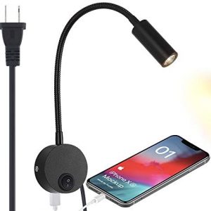 Plug-in Wall Mounted Reading Light with USB Charging Port, LED Bedside Wall Lamp with Flexible Gooseneck, Black Finished(3W Warm White)