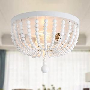 Boho Ceiling Light Fixture, Bohemia Wood Beaded Chandelier,Flush Mount 2 Lights Industrial Rustic Lights fixtures for Baby’s Nursery Entryway Hallway Kitchen Girl’s Room,E26. White.