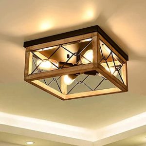 Yoposeo Farmhouse Ceiling Light Fixture, 4 Lights Wooden Flush Mount Ceiling Light, Rustic Vintage Light Fixtures Ceiling Mount Industrial Ceiling Lamp for Entryway Hallway Dining Room Kitchen Bedroom