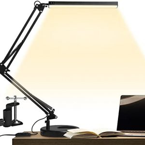 GUUKIN LED Desk Lamp with Clamp and Round Base , Eye Caring Table Lamp with Swing Arm, 3 Color Modes 10 Brightness Levels, Memory Function