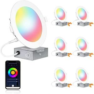 6 Inch Smart Wi-Fi Ultra Slim LED Recessed Lighting, RGBW Color Changing Tunable White LED Downlight with Junction Box, 14w=100w, 1200lm, Compatible with Alexa and Google Assistant – 6 Pack