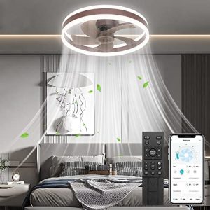 WERBUY 16” Ceiling Fans with Lights and Remote APP Control, Low Profile Flush Mount Small Ceiling Fan for Bedroom TV Room with 6 Speeds/Quiet Reversible DC Motor/Smart Timing -5 Brown Wood Blades