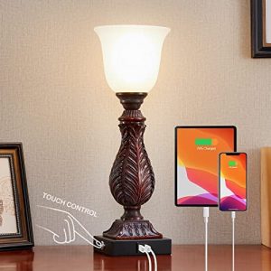 Touch Control Traditional Table Lamp, Vintage Bedside Lamp Nightstand Lamps with 2 USB Ports for Bedroom Living Room 3-Way Dimmable Resin Farmhouse Lamp,LED Bulb Included