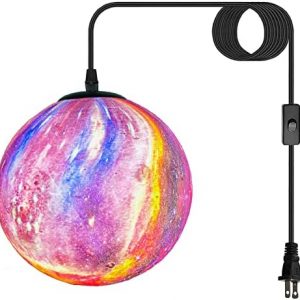 Plug in Pendant Light,Colorful Hanging Lamps That Plug Into Wall Outlet for Kids Room,Hanging Lights with Plug in Cord 16.4Ft,3D Paint Hanging Moon Lights for Bedroom(Bulb Included)