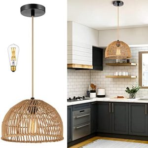Pendant Light – Hanging Lamp for Dining Room – Rattan Wicker (Bulb Included)
