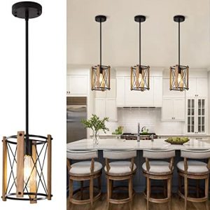 Black Pendant Light, Hanging Light Fixture with Wooden Frame, 40 Inch Height Adjustable for Kitchen Island, Dining Room, Farmhouse. (E26 Bulb Not Included)