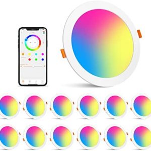 Smart Recessed Lighting 6 Inch Color Changing 16W LED Downlight, 1350 Lumen Recessed Ceiling Light, RGB & Daylight 5000K Dimmable by Bluetooth Control – 12 Pack