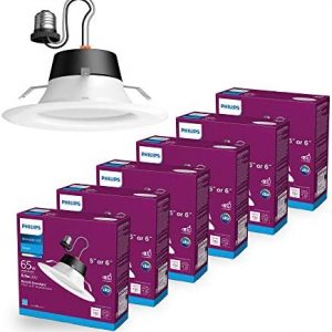 Philips LED Flicker-Free Dimmable 5”/6″ Downlight, Recessed Lighting with EyeComfort Technology, 750-Lumens, Daylight (5000K), 8.5W=65W, E26 Base, Title 20 Certified, 6-Pack