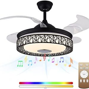 Minfeng 42 Inch Modern Smart Bluetooth Ceiling Fan with LED Lights and Remote Control,Retractable Modern Chandelier Fan with Dimmable Color Light,Speed Adjustment,Time Settings