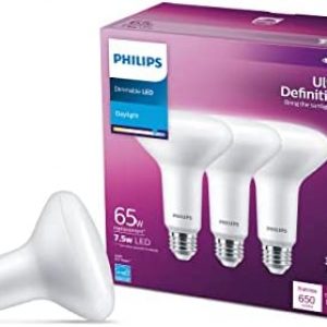 Philips LED Ultra Definition Flicker-Free Dimmable, Eye Comfort Technology, Daylight 5000K BR30 Frosted Glass Light Bulb, 650 Lumen, 7.5W=65W, E26 Base, Title 20 Certified, 3-Pack (576751)